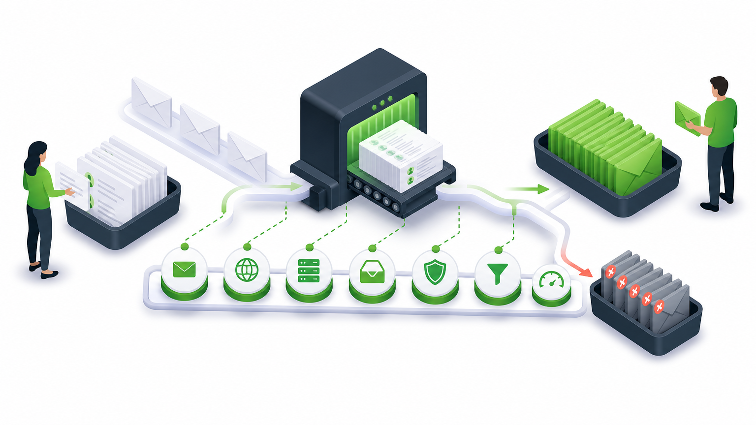 Graphic depicting 7 Things to Check in Bulk Email Verification Tools with icons